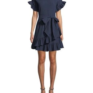 Michael Kors Dress (Navy Blue) Crinkle Gauze Ruffle, Wrap Belt, Flutter Sleeve